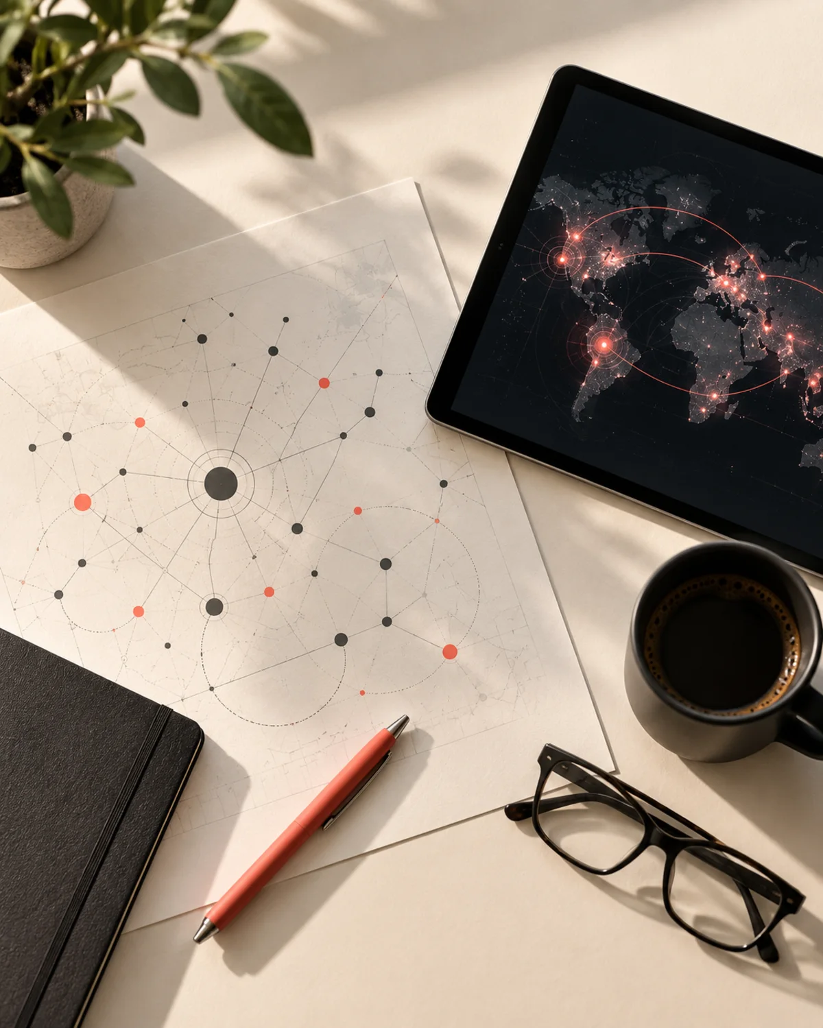 A strategy table seen from above: a network diagram, a tablet showing a threat map, a red pen and a coffee cup.