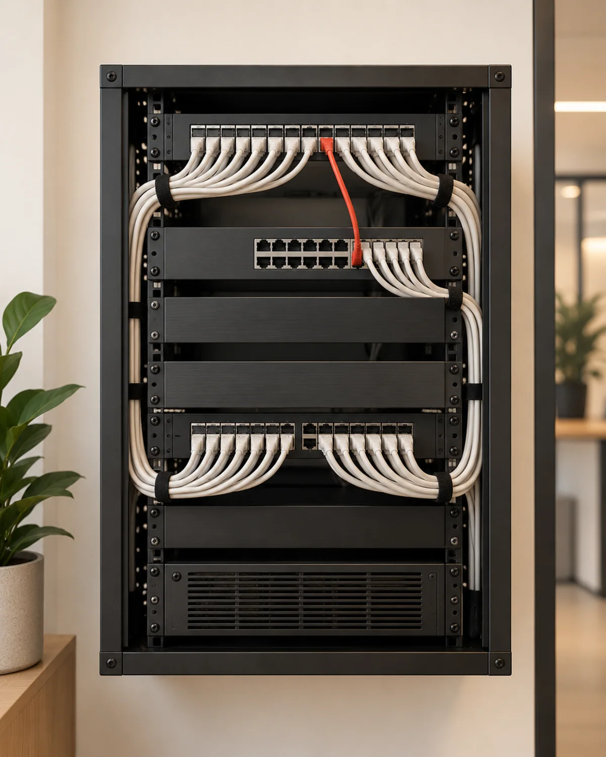 A tidy network rack with neatly dressed cables and one red patch cable.