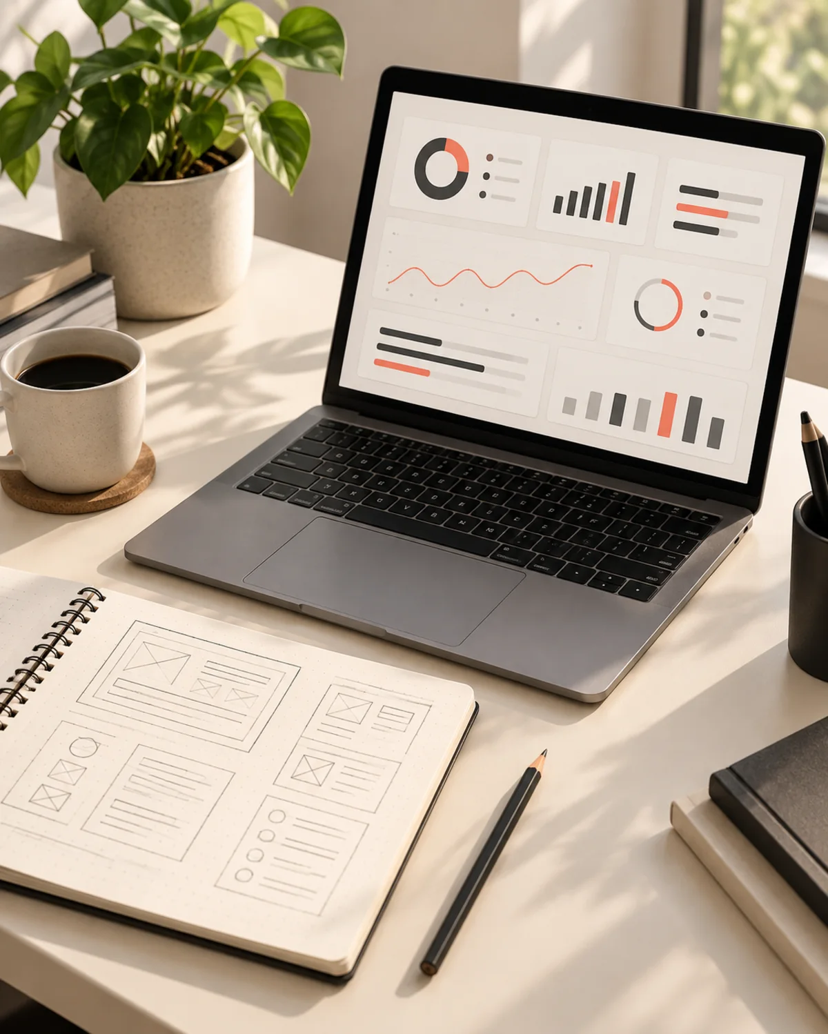 A laptop on a desk showing a clean dashboard, beside a notebook of wireframe sketches.